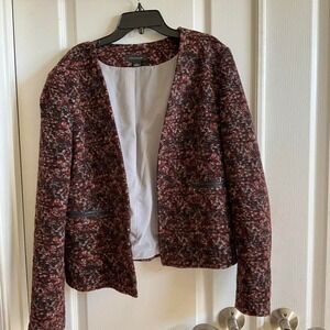 Ann Taylor Red and Black Multicolor Tweed Blazer with Faux Leather